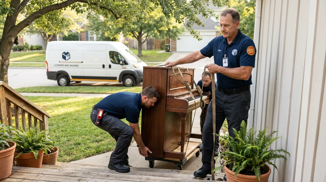 Licensed piano movers securing grand piano in Charlotte Hall, MD