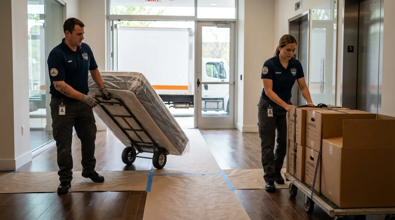 Professional apartment movers loading elevator in Charlotte Hall, MD